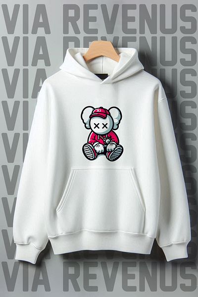 Vordevia White Hooded Kaws Printed Wide Fit Sweatshirt - 3 Thread Raster Kangaroo Pocket