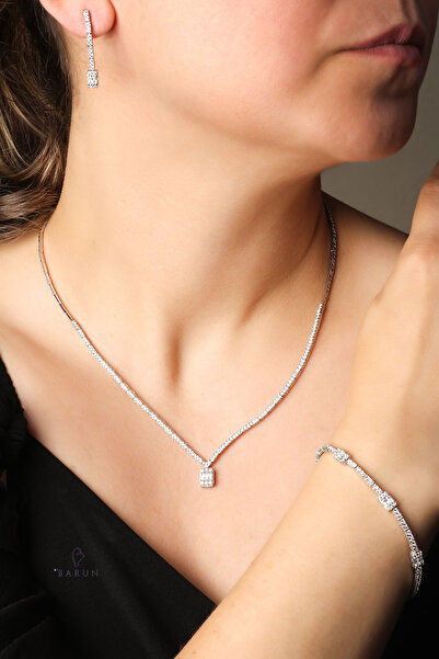 BY BARUN SİLVER Baget Kare Kolye Küpe Bileklik Set 925 Ayar Zirkon Taşlı Abiy...