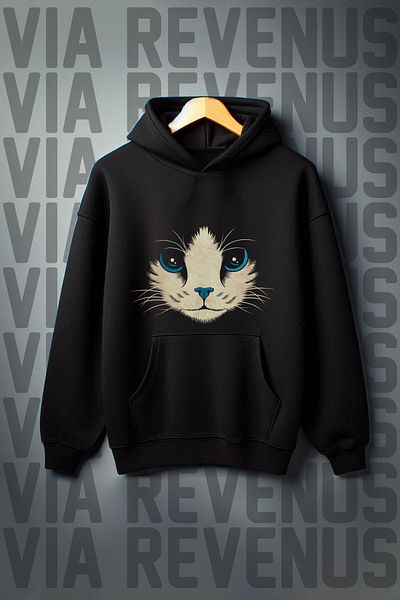 Vordevia Wide Fit - 3 Thread Black Hooded Sweatshirt with Cat Print and Kangaroo Pocket