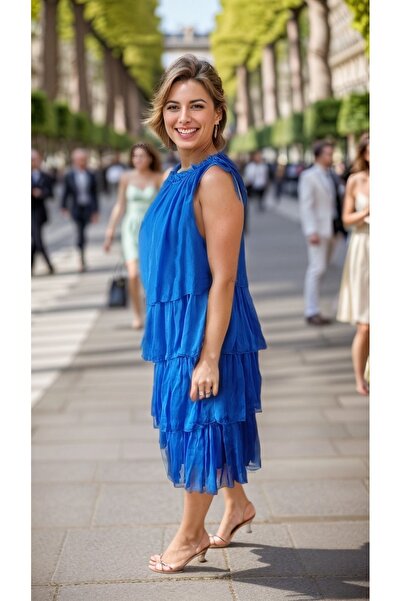 prontoihracat Kadın ,mavi, Italyan Yazlık Ipek Elbise, Kat Kat Elbise, Halter Yaka Elbise