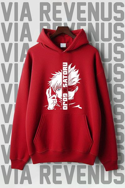 Vordevia Суитшърт с качулка и принт Jujutsu Kaisen - голям размер - джоб тип "кенгуру", 3 нишки повдигнати