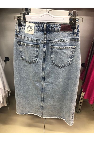 KAROL Lycra Free Karlamalı Blue Front Slit Denim Skirt