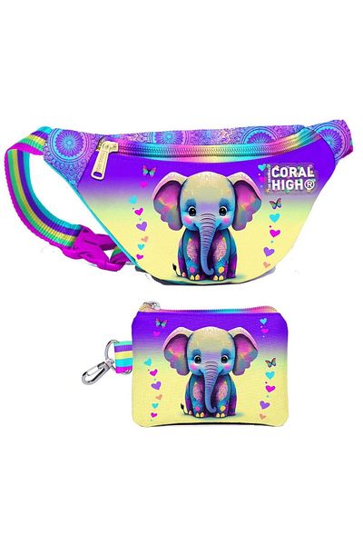Coral High Pink Turquoise Elephant Patterned Waist Bag and Coin Purse Set for Girl