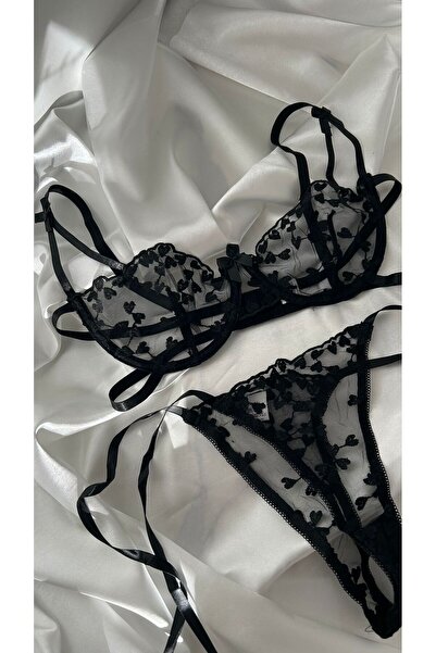 Bless NANCY İç Çamaşır Takımı Siyah Gecelik Brode Tül Desenli Dantelli Bağlam...