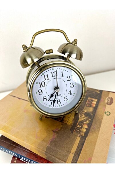 QUARTZ Orta Boy Metalik Sarı Çift Çanlı Fosforlu Işıklı Çalar Masa Saati (KAS...