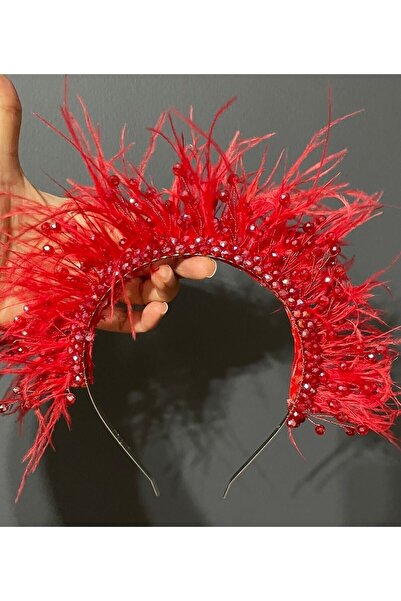 DesaAccessories Червен кристален камък и корона от пера и къна