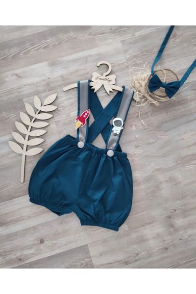 Feriatolye Space Concept Birthday Outfit with Astronaut and Missile Figures Petrol Blue Baby Boy Shorts and Salopet
