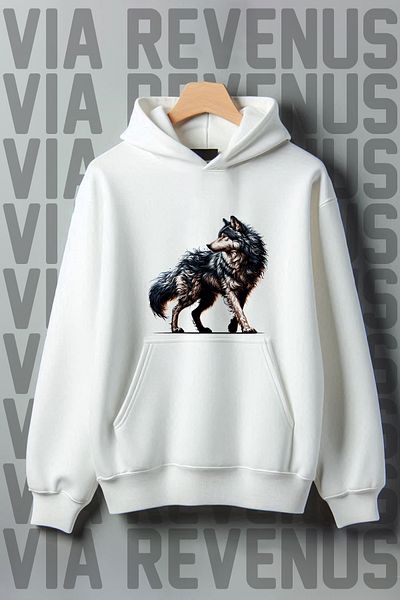 Vordevia White Wolf Printed Wide Fit Sweatshirt - Kangaroo Pocket, 3 Thread Raster