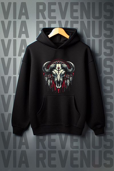 Vordevia Wide Fit Black Hooded Sweatshirt - Ram Printed, Kangaroo Pocket, 3 Thread Raster