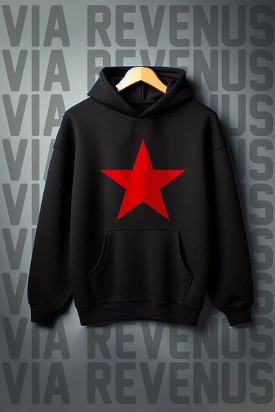 Vordevia Red Star Printed Oversize Hooded Sweatshirt - Kangaroo Pocket, 3 Thread Raster