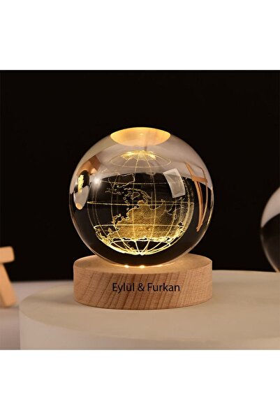 hediyesahibi Büyük Boy Işıklı Ahşap Kaideli Dünya Temalı Cam Küre 8cm