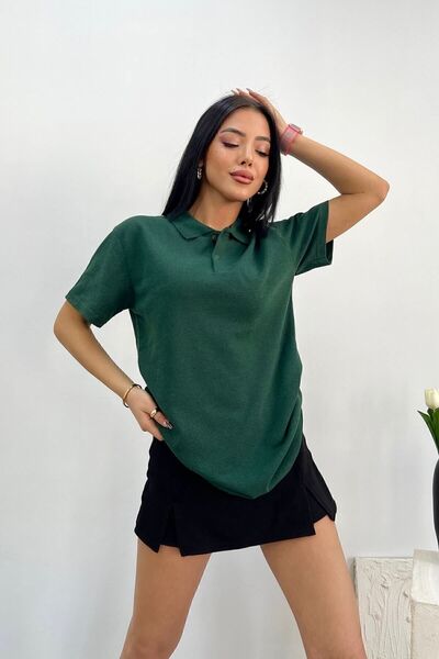 Unisex Zümrüt Yeşil Spor Polo Yaka Düğmeli Pamuklu Casual Kısa Kollu Regular Fit T-shirt