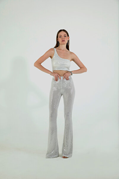 ENINTEGRATE Kadın Bej Beyaz Pullu Payet Abiye Toparlayıcı Klasik Yüksek Bel İ...