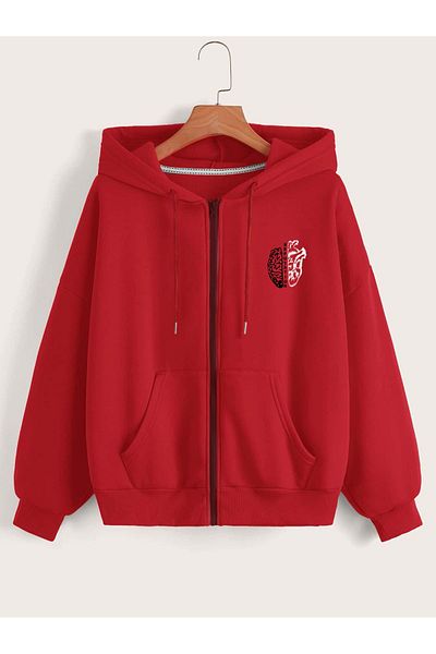 Fun Fashion Unisex Red Hooded - Brain&Heart Printed Oversize Cardigan