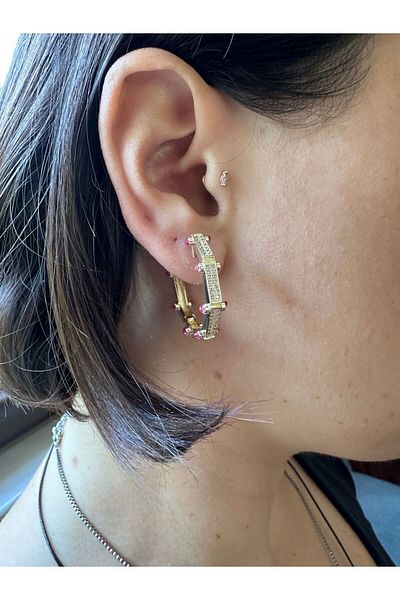 İlayda illys Gold - Polygonal Serenay Earrings with Red and White zircon