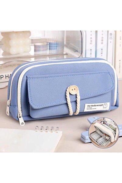 Kawaii Μπλε μαλακή θήκη για στυλό - Μεγάλη χωρητικότητα, My Study Accept