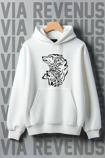 Vordevia Hanorac cu imprimeu lup alb cu croială largă - buzunar cangur, raster cu 3 fire