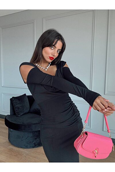 maf collection omuz detaylı siyah abiye mezuniyet elbise