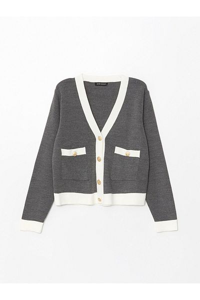 LC Waikiki Cardigan de damă cu mânecă lungă, cu decolteu în V, bloc de culoare