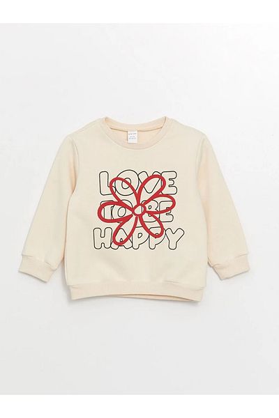 LC Waikiki Lcw Baby Cream Color - Floral Patterned Baby Girl Sweatshirt and Pants Set