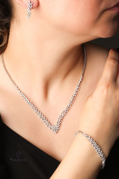 BY BARUN SİLVER Su Yolu Yuvarlak Kolye Küpe Bileklik Set 925 Ayar Zirkon Taşl...