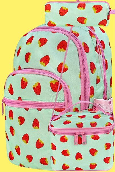 Uniquerrs Çilek Desenli Su Geçirmez Beslenmeli Ve Kalemlikli Ortopedik 3 Bölm...