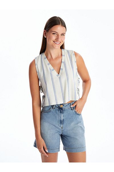 LC Waikiki Γυναικεία μπλούζα Natuvera Lightly Beige με ριγέ V λαιμόκοψη