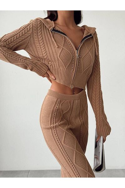 Lusin Brown Hooded Crop Cardigan and Trousers Set - S/m