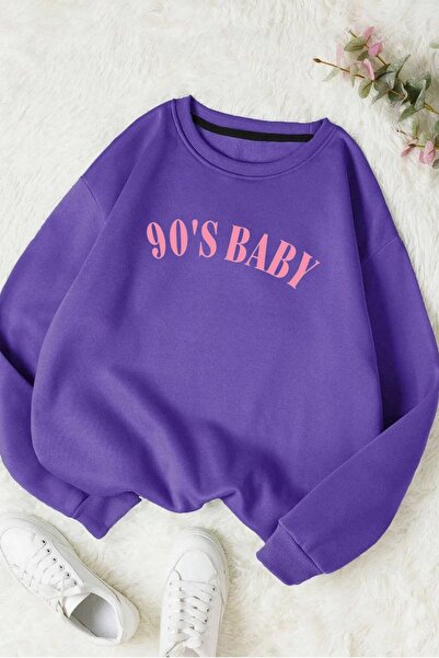 Wish BF Kadın Mor Bisiklet Yaka Oversize 90'S Baby Baskılı Sweatshirt