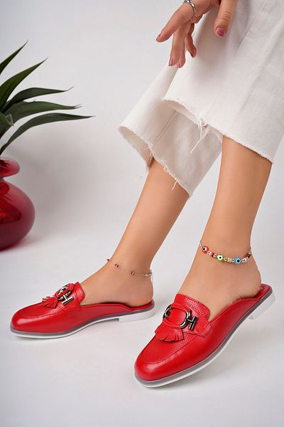 Akgün Terlik Women's Genuine Leather Red Buckle Detail Slippers