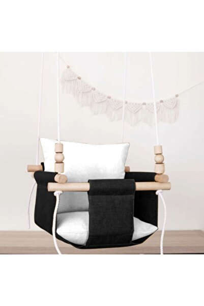 mammoly Siyah Beyaz Ahşap Çift Yastıklı Bebek Çocuk Ev Salıncağı