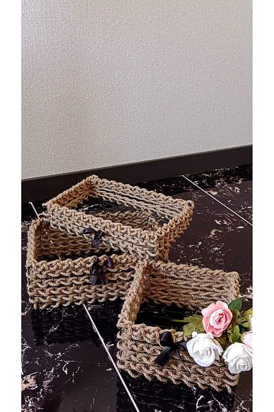 Egindra Set de 3 mini coșuri decorative din împletitură din răchită - Suport pentru șervețele