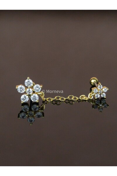 MORNEVA İkili Çiçek Zincir Bağlantılı Çelik Helix Lobe Kulak Piercingi Küpe 1 Adet
