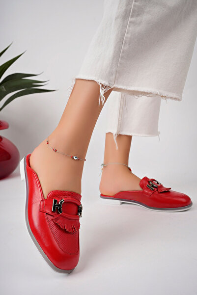 Akgün Terlik Women's Genuine Leather Red Buckle Detail Slippers