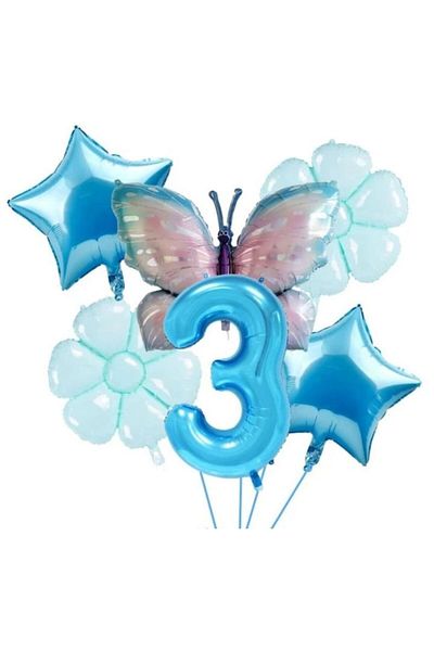 DÜVENCİ TİCARET Blue Number Butterfly Foil - Age Balloon Set with Balloons