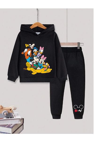 MORNİNG KİDS Čierna súprava teplákov s potlačou Mickey Mouse s kapucňou pre dievčatá a chlapcov