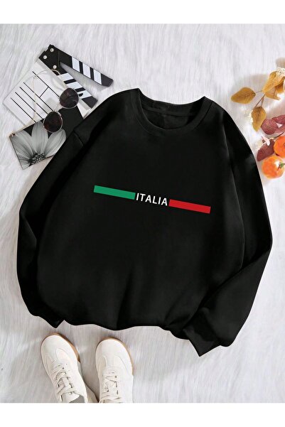 Fun Fashion Hanorac din bumbac gros, negru, oversize, cu imprimeu Italia