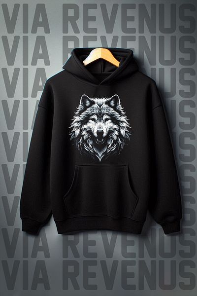 Vordevia Black Hooded Sweatshirt - Wolf Print, Kangaroo Pocket, 3 Thread Raster, Wide Fit
