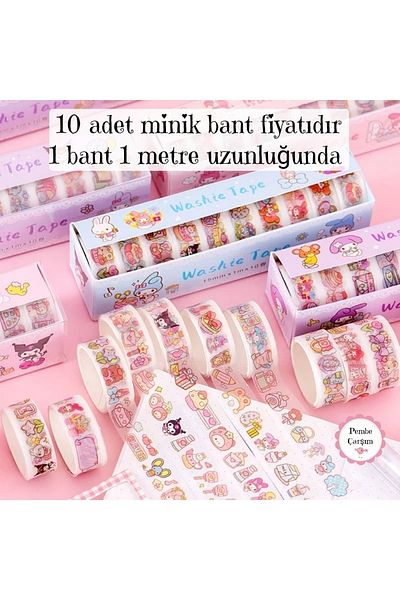 Pembe Çarşı 10-Piece Sanrio Washi Tape Tape Set Kuromi, My Melody, Cinnamoroll
