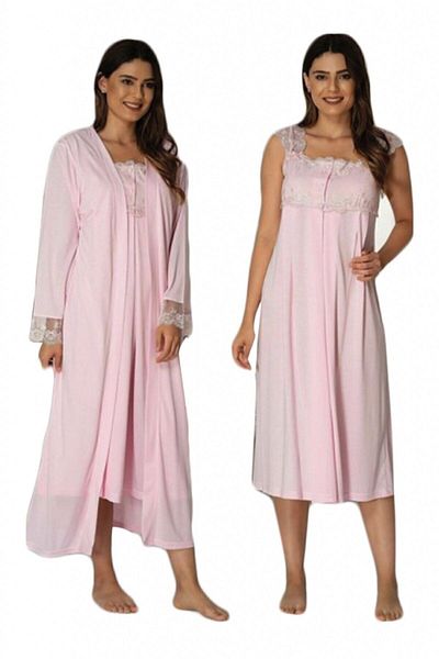 Effort Pijama Women's Pink Maternity Short Sleeve Nightgown Set with Dressing Gown 2302