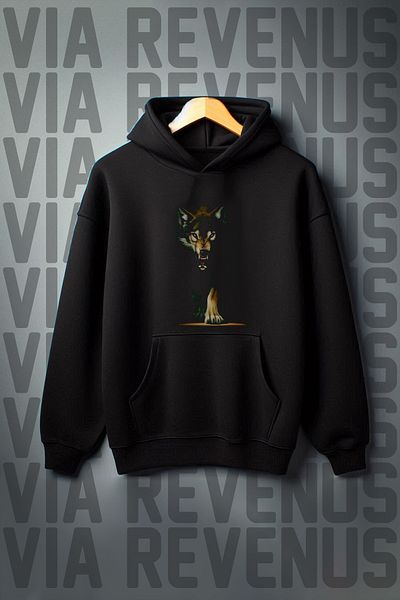 Vordevia Black Hooded Sweatshirt - Wolf Print, Kangaroo Pocket, 3 Thread Raster, Wide Fit
