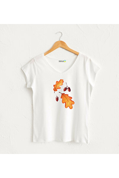 Kidilia Meşe Palamudu V Yaka Kadın Tasarım T-Shirt