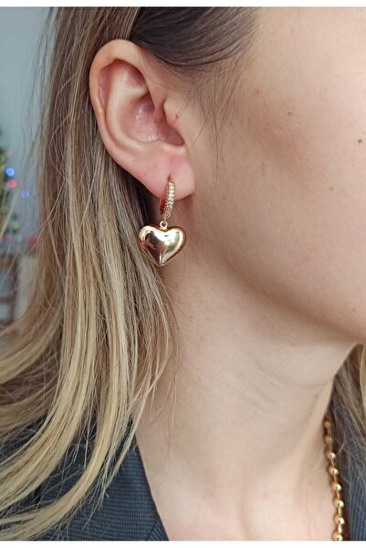 Simge Gümüş Gold Zircon Stone Stylish Heart Earrings