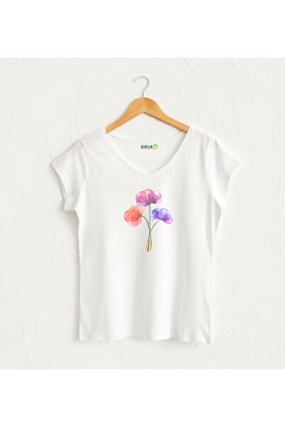 Kidilia Şeffaf Renkli Çiçekler V Yaka Kadın Tasarım T-Shirt