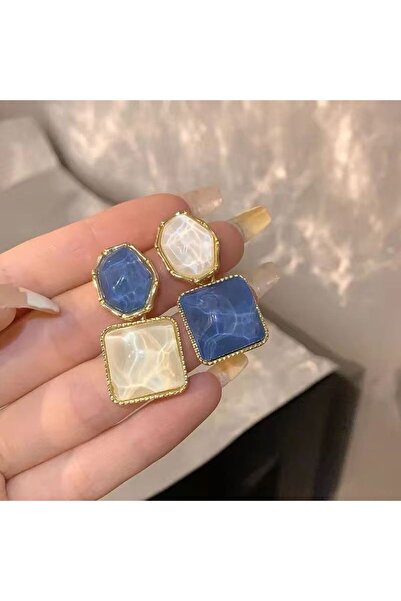 Çelik Mavi Dalga Efektli Sallantılı Geometrik Çelik Küpe