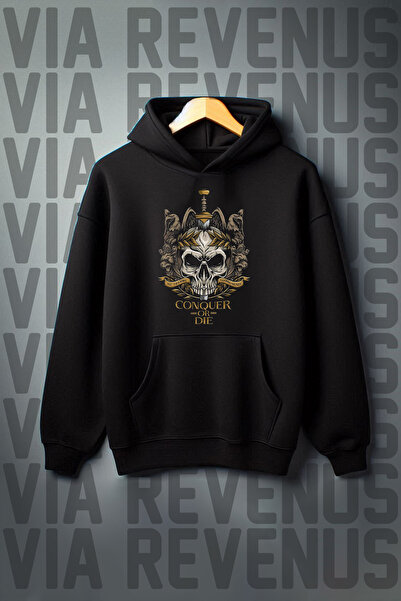 Vordevia Skull Printed Kangaroo Pocket 3 Thread Raster Oversize Wide Fit Black Hooded Sweatshirt