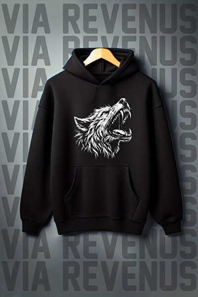 Vordevia Hanorac cu glugă supradimensionat cu imprimeu lup negru - buzunar cangur, raster cu 3 fire