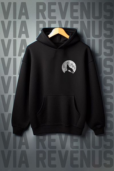 Vordevia Wide Cut - 3 Thread Black Hooded Sweatshirt: Gray Wolf and Kangaroo Printed