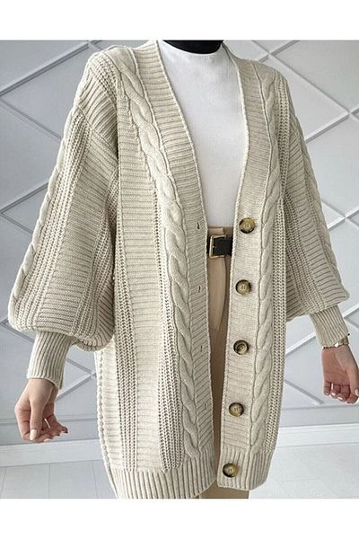 Sun Art Knitting Păr crem tricotat mânecă balon Tricotaj lungi pentru femei Cardigan tricotat (80 cm)