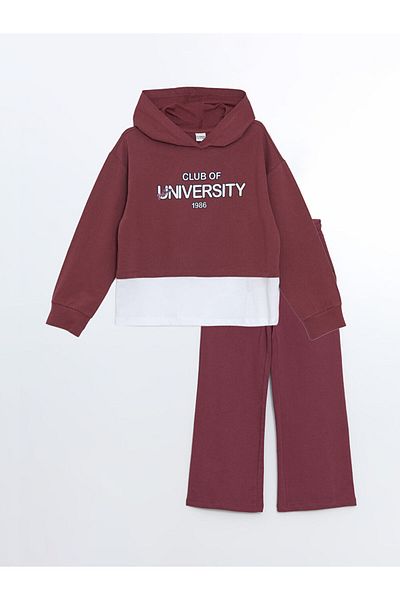 LC Waikiki Hooded Printed Sweatshirt and Sweatpants Set for Baby Girl - Set of 2
